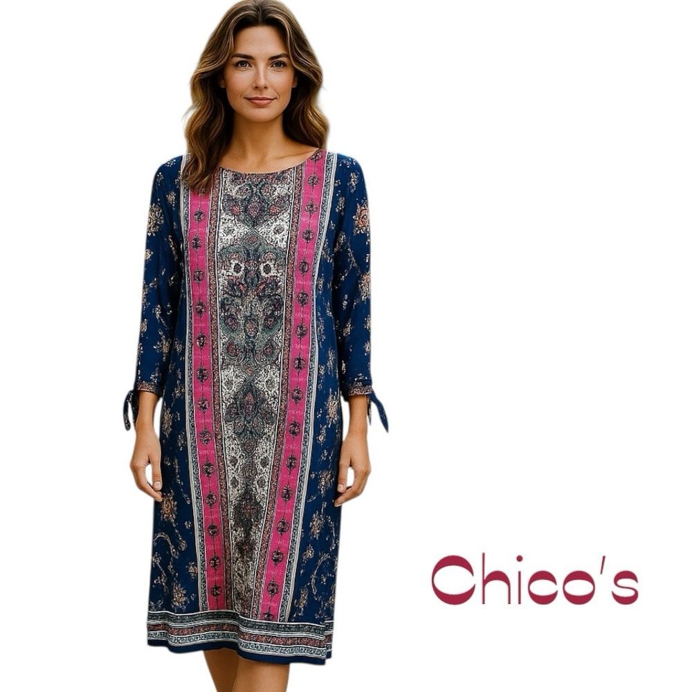 Chico’s Blue Pink Floral Long Sleeve Cottage Coastal Grandma Dress NWOT Size 12P